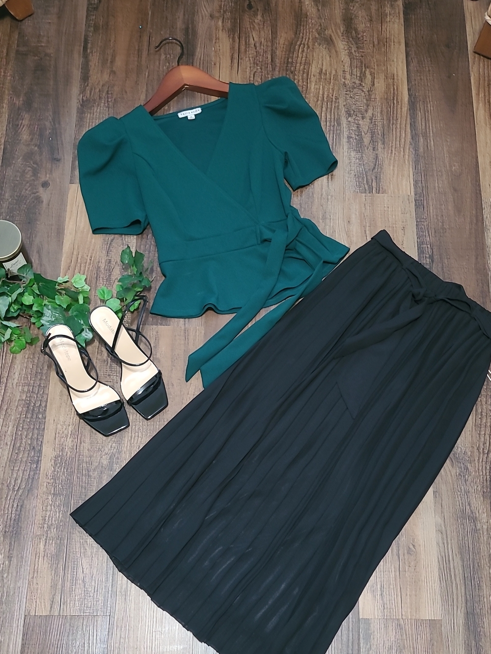 Emerald Green Puff Sleeve Peplum Faux Wrap Blouse